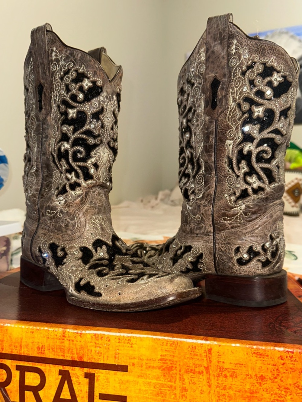 Corral Boots- Metallic Taupe with Black Cutouts, black sequins